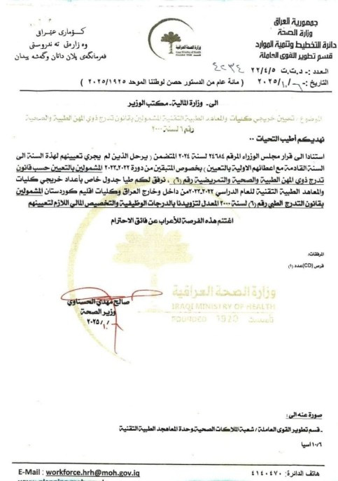 صحة-3 الصحة ترسل جداول تعيينات ذوي المهن الصحية إلى المالية ومجلس الخدمة