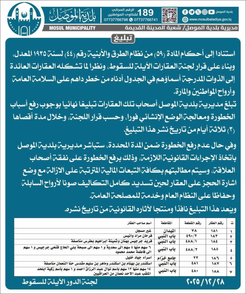 بلدية.jpgمضغوطة-856x1024 بلدية الموصل تُنذر أصحاب الدور الآيلة للسقوط: 3 أيام لمعالجة الخطر قبل الإزالة