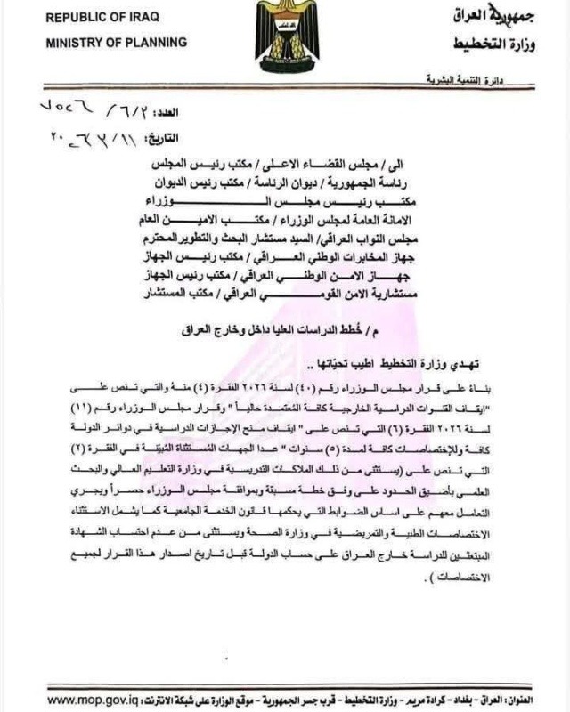 تخطيط التخطيط توقف منح الإجازات الدراسية والدراسات العليا لـ 5 سنوات وتُحدد الفئات المستثناة