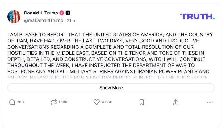 تروث.jpgمضغوط ترامب يؤجل الضربات على إيران 5 أيام بعد محادثات مثمرة.. وعراقجي يرد بشأن هرمز