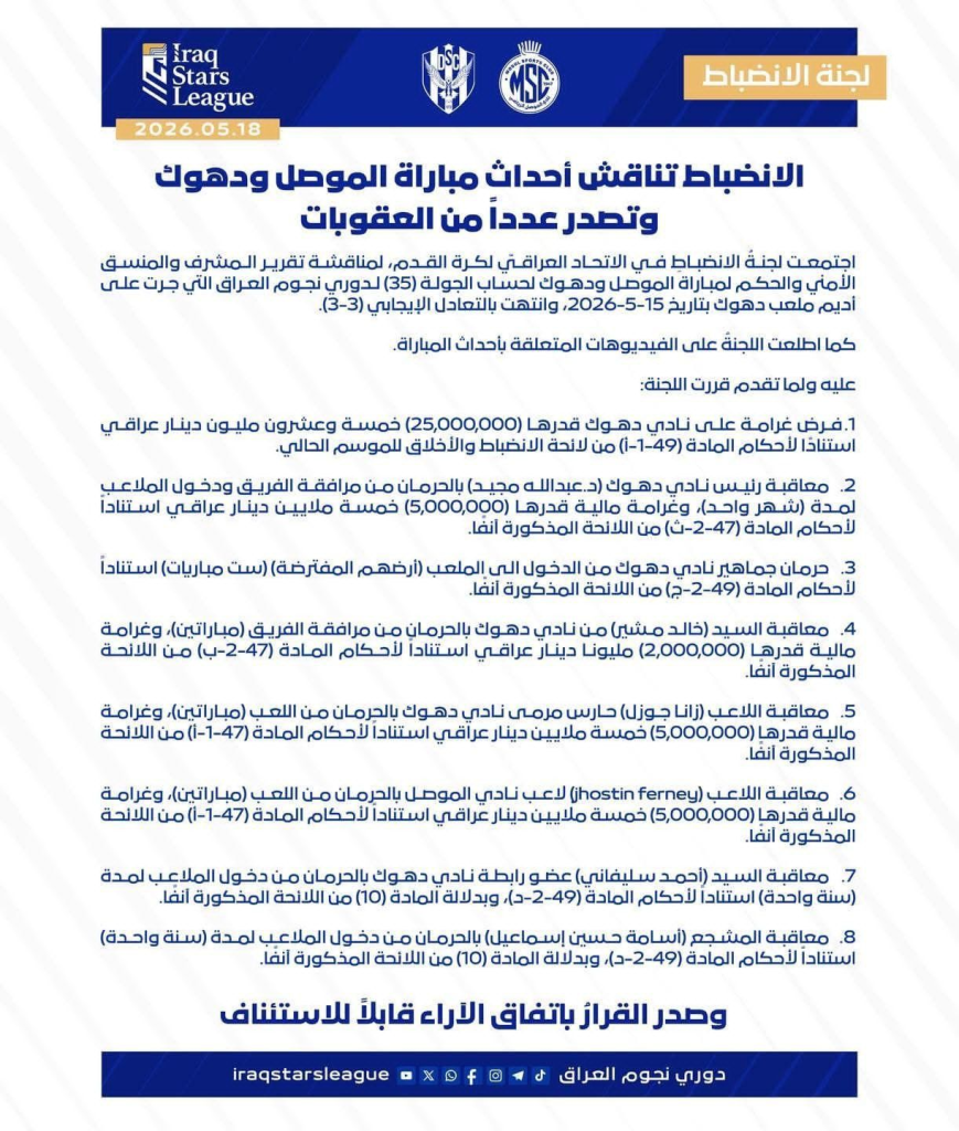 image-45-869x1024 الإنضباط تُصدر عقوبات صارمة بحق نادي دهوك وتصحح هوية منافسه في دوري النجوم
