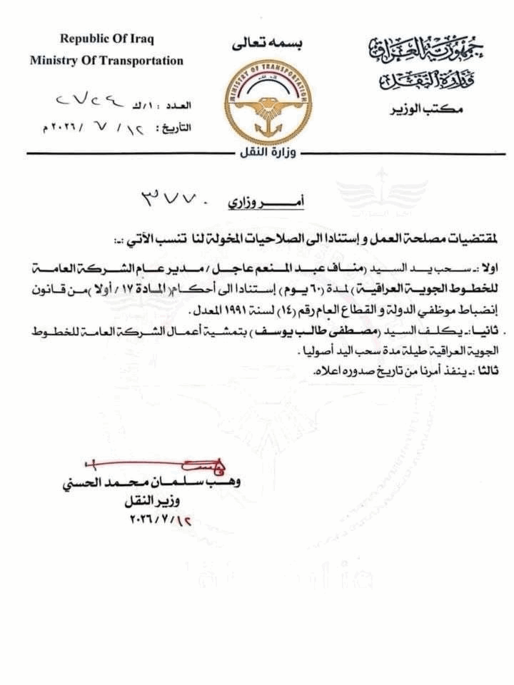 image-86 وزير النقل يسحب يد مدير عام الخطوط الجوية العراقية ويكلف بديلًا عنه