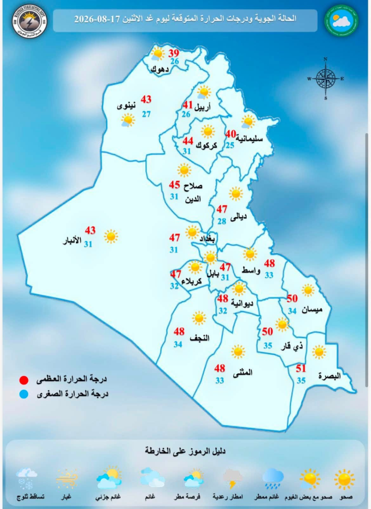 طقس الأحد: أجواء حارة تُهيمن على البلاد وفرص لزخات مطر شمال غربي العراق