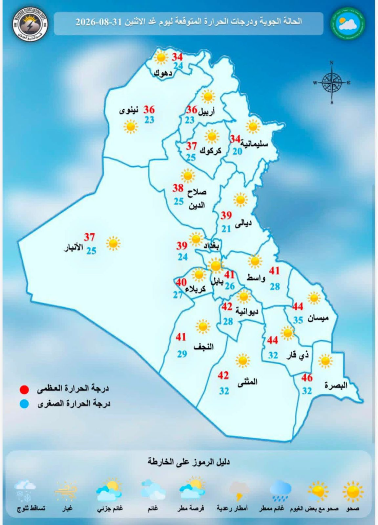 انخفاض ملموس بالحرارة.. الأنواء الجوية تعلن طقس الأيام المقبلة وتوقعات بالعظمى حتى 46 مئوية
