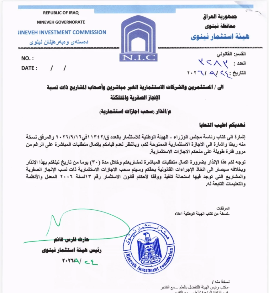 استثمار نينوى تمهل المشاريع المتلكئة 30 يومًا قبل سحب الإجازات